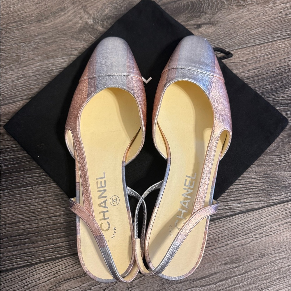 Chanel CC Pink Purple Metallic Slingback Flats - 36.5C - Picture 7 of 10